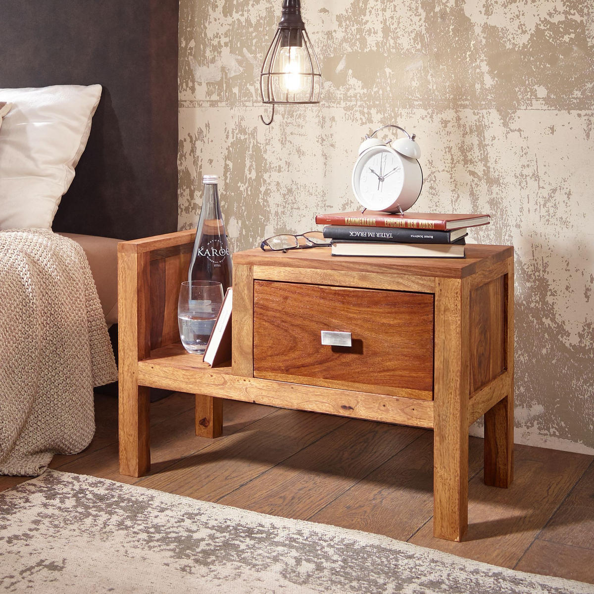 NACHTTISCH – Massivholz, Landhausstil, 60x30x40 cm, Schublade & Ablage - Braun, Holz/Metall (60/40/30cm) - KADIMA DESIGN