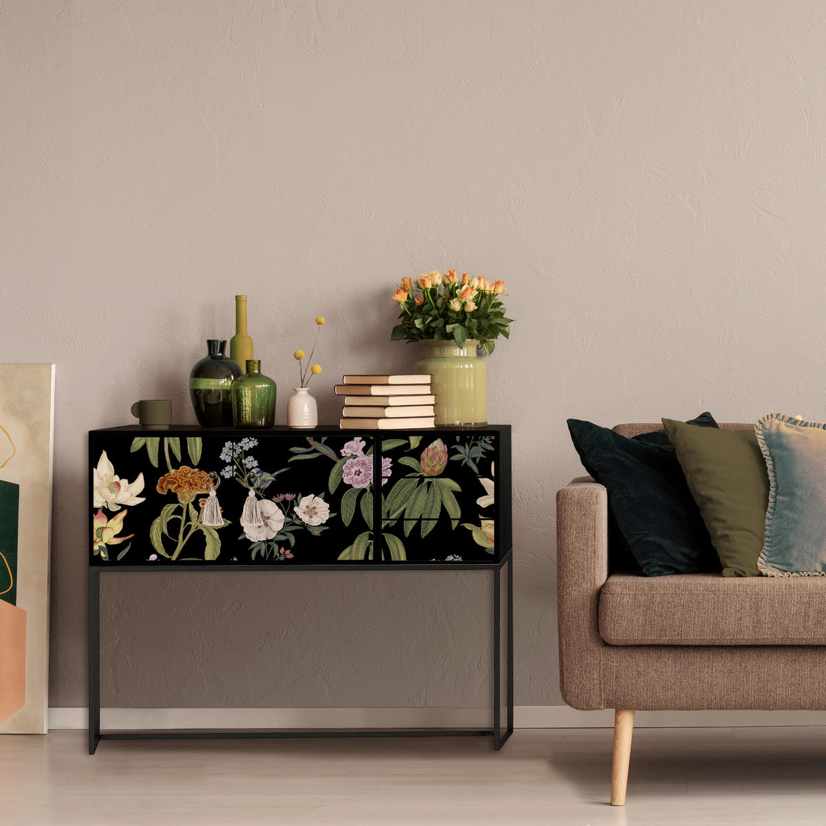 KONSOLE aus MDF mit 2 Türen und 3 Schubladen schwarzes florales Muster JARA - Multicolor, Holzwerkstoff (113/45/88cm) - RNT By Really Nice Things