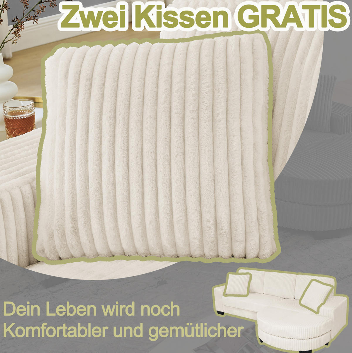 ECKSOFA 256,5/133,5/89 cm beige aus Schaumstoff mit Wechselhocker - Beige, Kunststoff (133.5/256.5cm) - OKWISH