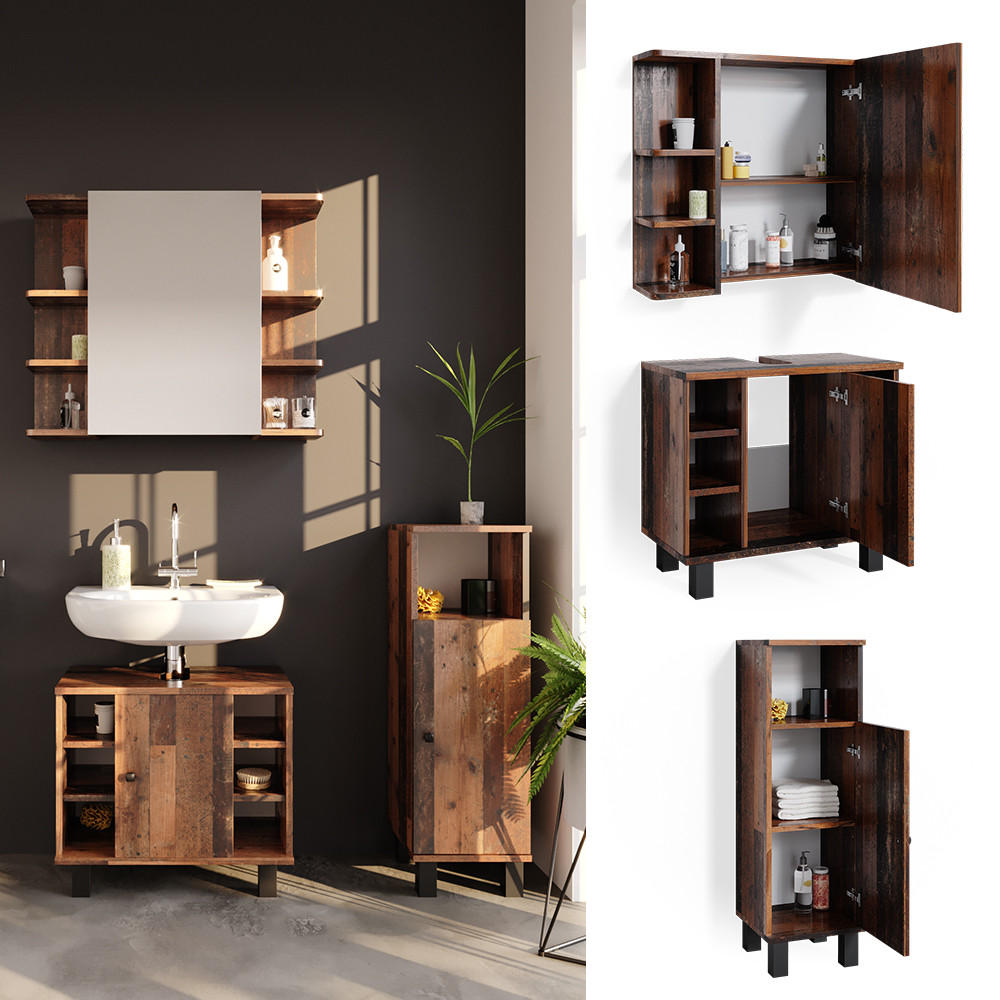 BADMÖBEL-SET Fynn Eiche rustikal 3 Teile, mit Midischrank - Wildeiche, Holzwerkstoff (60/54/32cm) - Vicco