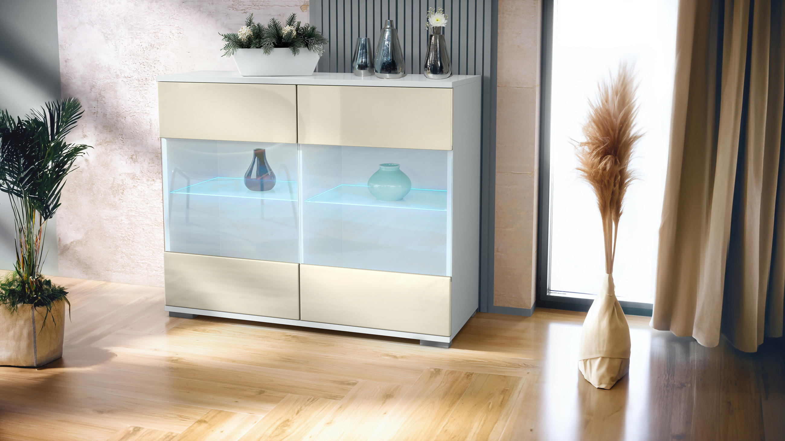 KOMMODE Bari Creme Hochglanz - Creme, Holzwerkstoff (92.5/75.5/35cm) - Vladon