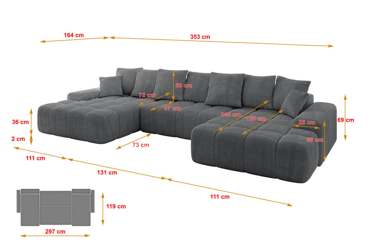 WOHNLANDSCHAFT ENSI-U - 353x164x88 cm Dunkelgrau - Dunkelgrau, Holzwerkstoff/Kunststoff (357/69/164cm) - ALTDECOR