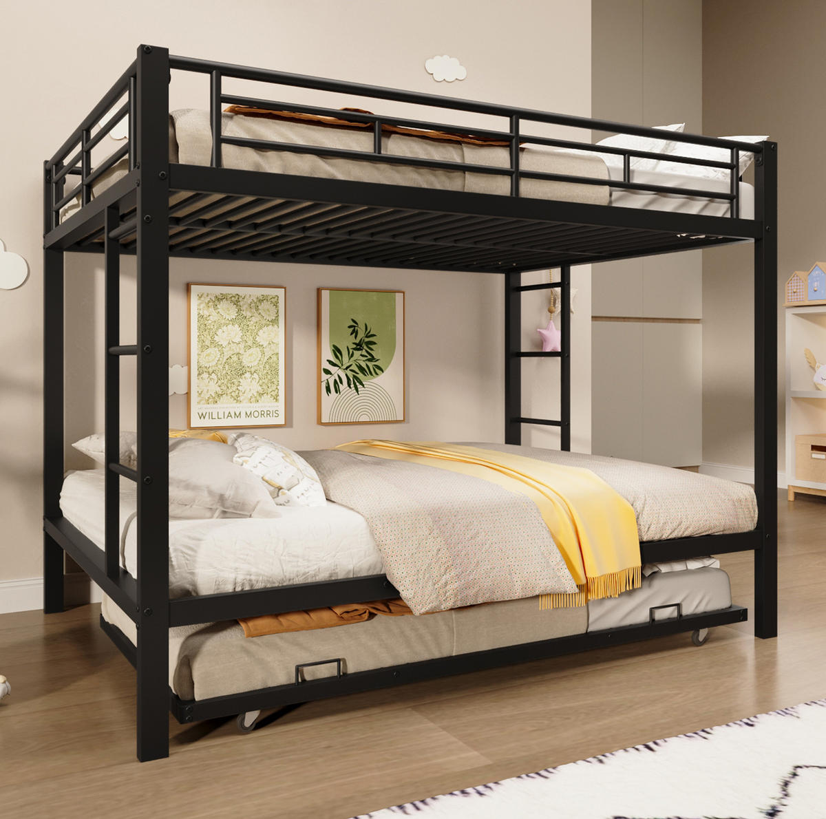 ETAGENBETT 140/200 cm aus Metall mit Ausziehbett und hohem Geländer Schwarz - Schwarz, Metall (140/200cm) - Modenvie