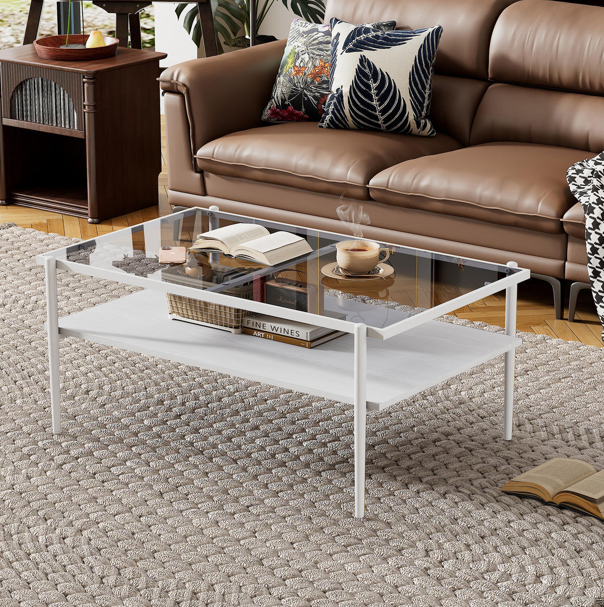COUCHTISCH 97.5/61.5 cm grau weiß aus MDF und Glas mit Stauraum - Weiß, Glas (97.5/61.5/45cm) - OKMYHOME