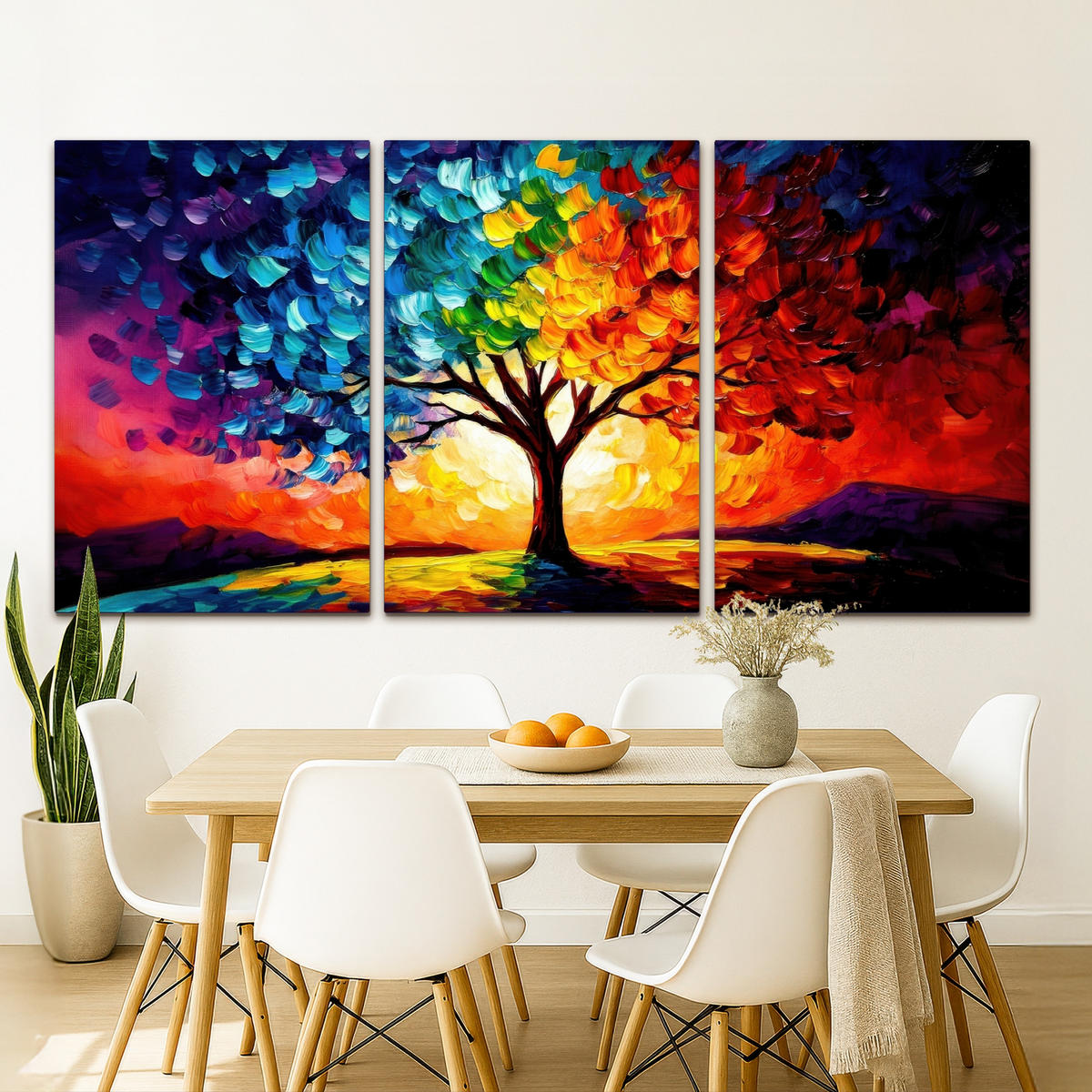 LEINWANDBILD 3er Set Baum - Farbenfroh - Malerei-Look - Abstrakt 240x120 cm - Multicolor, Textil (240/120cm) - MuchoWow