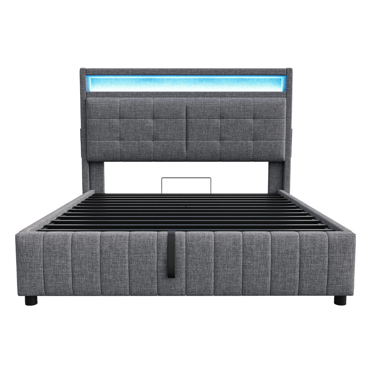 POLSTERBETT 160/200 cm mit LED-Beleuchtung, USB-Anschluss und hydraulischem Stauraum, Leinenbezug, Grau - Grau, Textil (160/200cm) - Redom