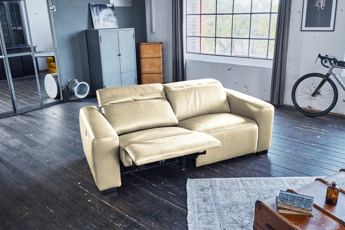 SOFA FINN Cremeweiß Leder - Creme/Schwarz, Leder/Kunststoff (210/80/107cm) - KAWOLA