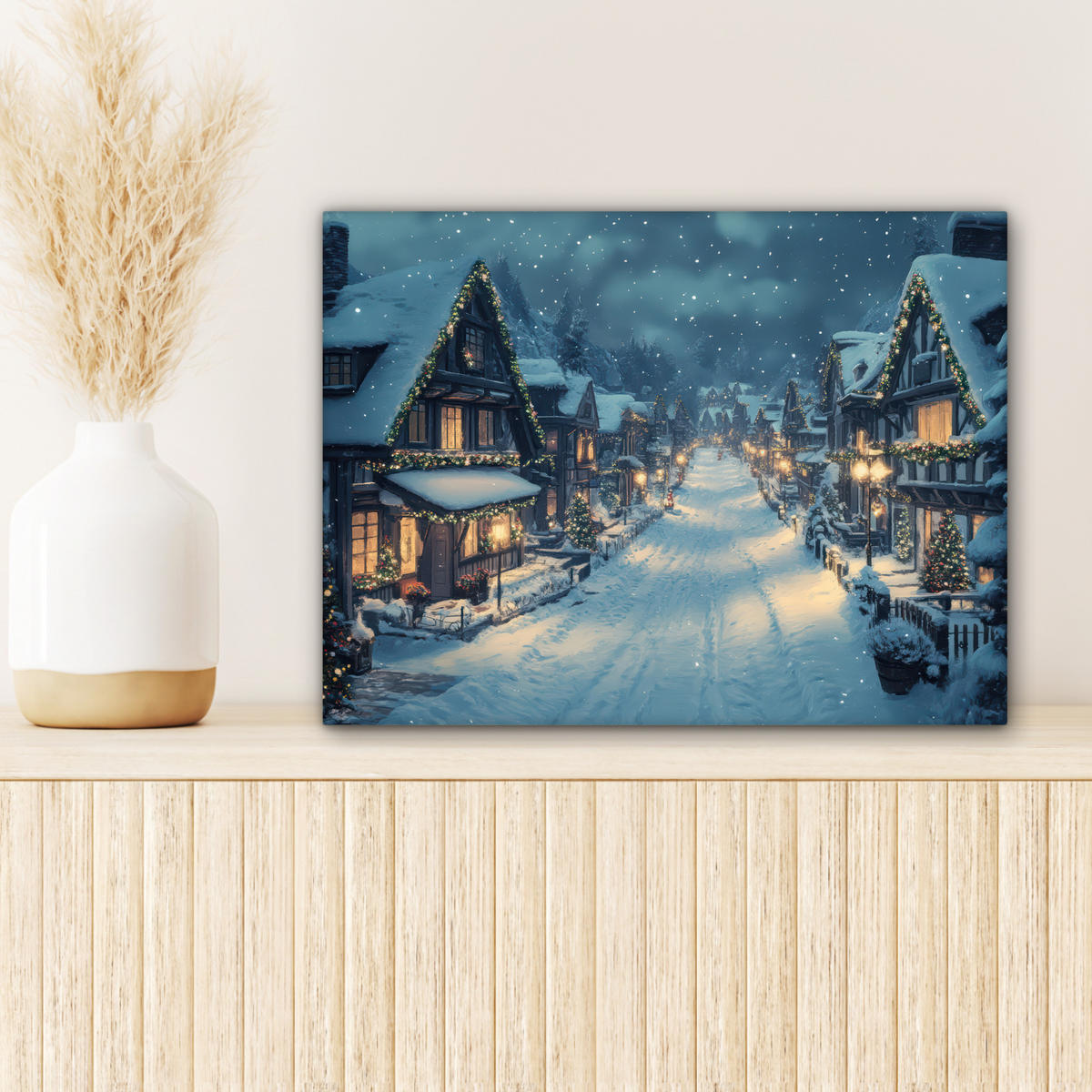 LEINWANDBILD Weihnachtsdorf - Weihnachten - Schnee - Winter Wandbild 40x30 cm - Dunkelblau, Textil (40/30cm) - MuchoWow