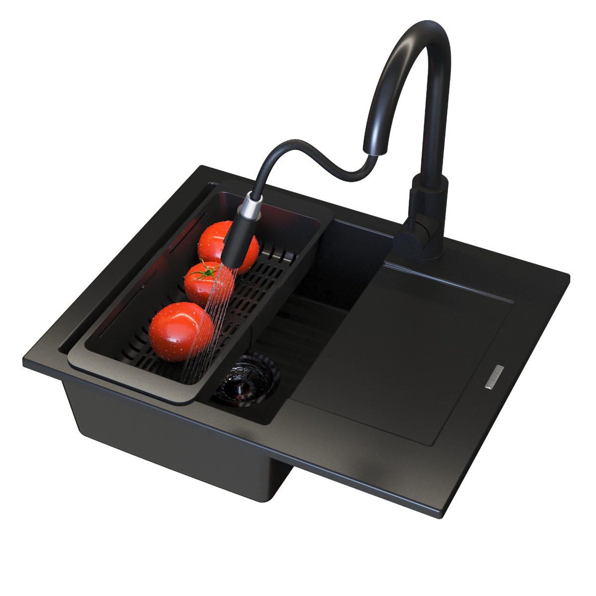 SPÜLE Bello Schwarz 3-tlg. mit Armatur und Siphon Chrom - Schwarz, Stein (57/47/20cm) - Granitan