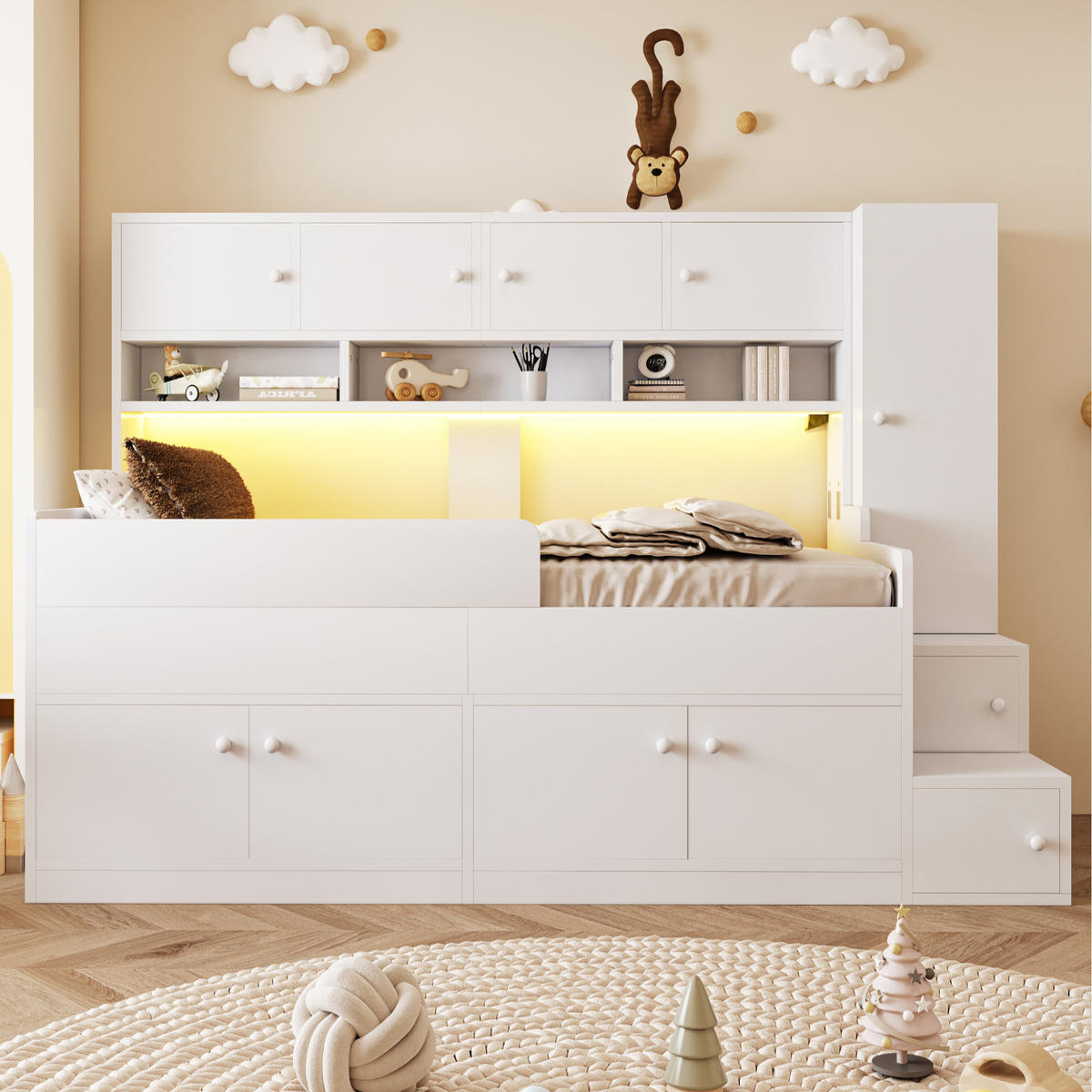 HOCHBETT 90x200 Weiß Holz Schrank LED Stauraum - Weiß, Holz (90/200cm) - FLIEKS