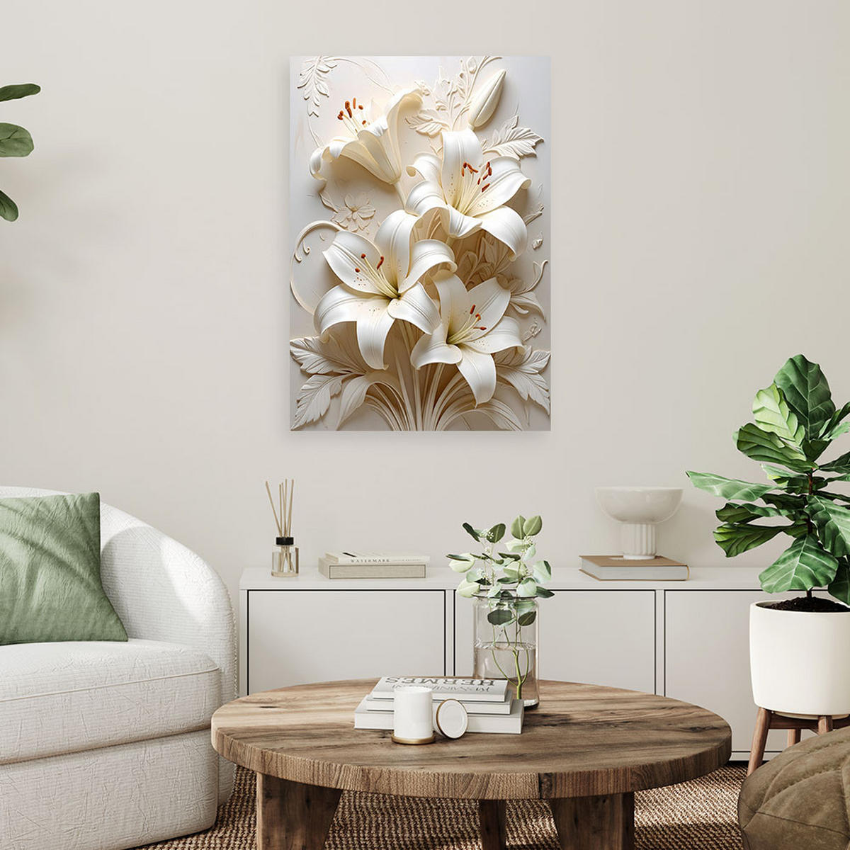 LEINWANDBILDER, Weiße Lilien in einem eleganten 3D-Blumenarrangement - Weiß, Textil (70/100cm) - Feeby