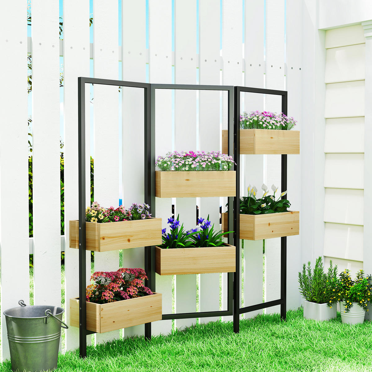 BLUMENTREPPE aus Tannenholz & Stahl, Schwarz - Naturfarben, Holz/Metall (20/112/116cm) - Outsunny