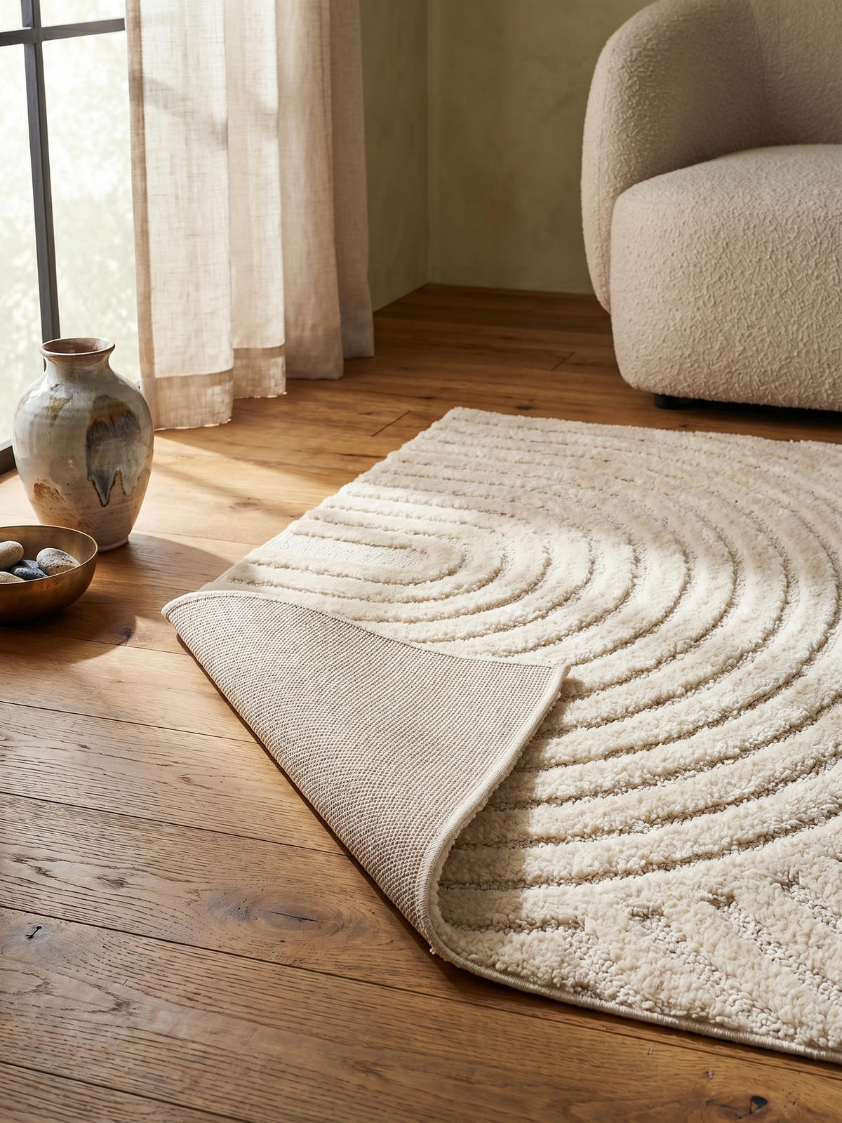 TEPPICH Wohnzimmer Hoch-Tief 3D-Effekt Organische Bögen mit 3D-Effekt OEKO-TEX 3D-Relief Boho Creme 60x110 – RIGI - Creme, Textil (60/110cm) - KADIMA DESIGN