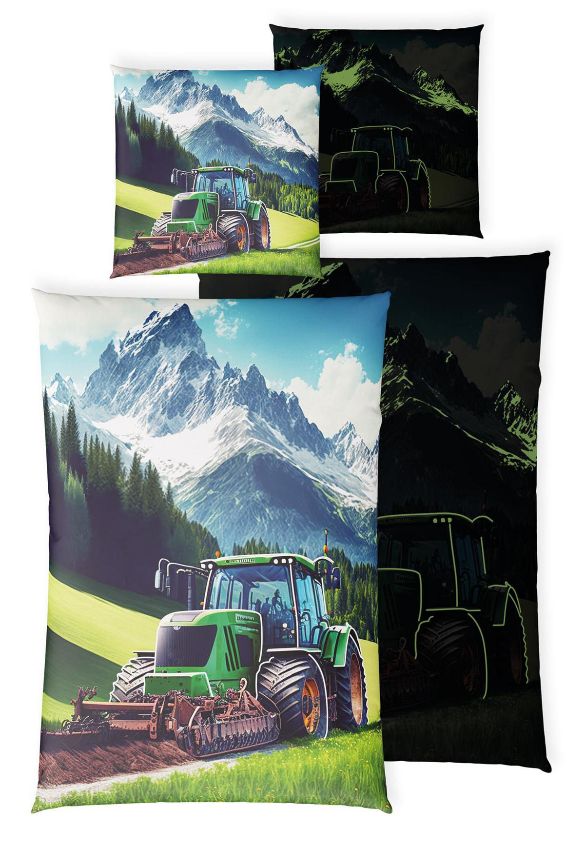 KINDERBETTWÄSCHE 135x200 cm Traktor Schlepper aus 100% Baumwolle - Leuchtet um Dunkeln - Grün, Textil (135/200cm) - Carpe Sonno