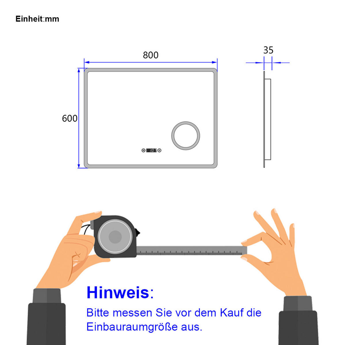 KOUPELNOVÉ ZRCADLO s ukazatelem času, osvětlením a integrovaným kosmetickým zrcátkem, 80/60 cm - průhledná, sklo (80/60/3.5cm) - EMKE