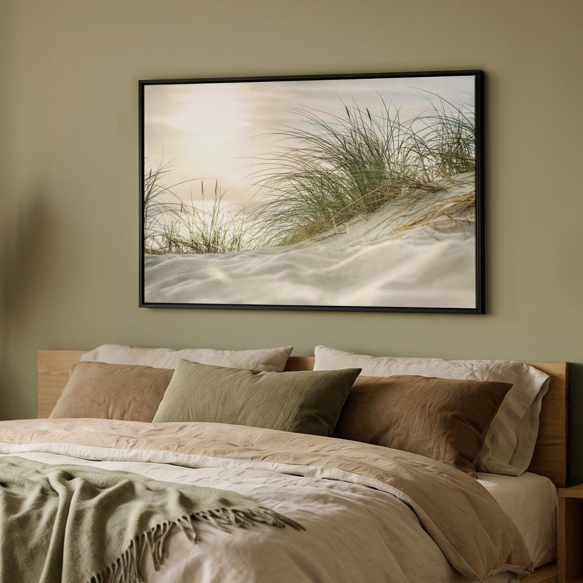 LEINWAND Bilder mit Rahmen - Dünen mit Strandhafer in der Sonne des Nationalparks Schleswig-Holsteinisches Wattenmeer - 90x60 - Creme, Textil (90/60cm) - MuchoWow