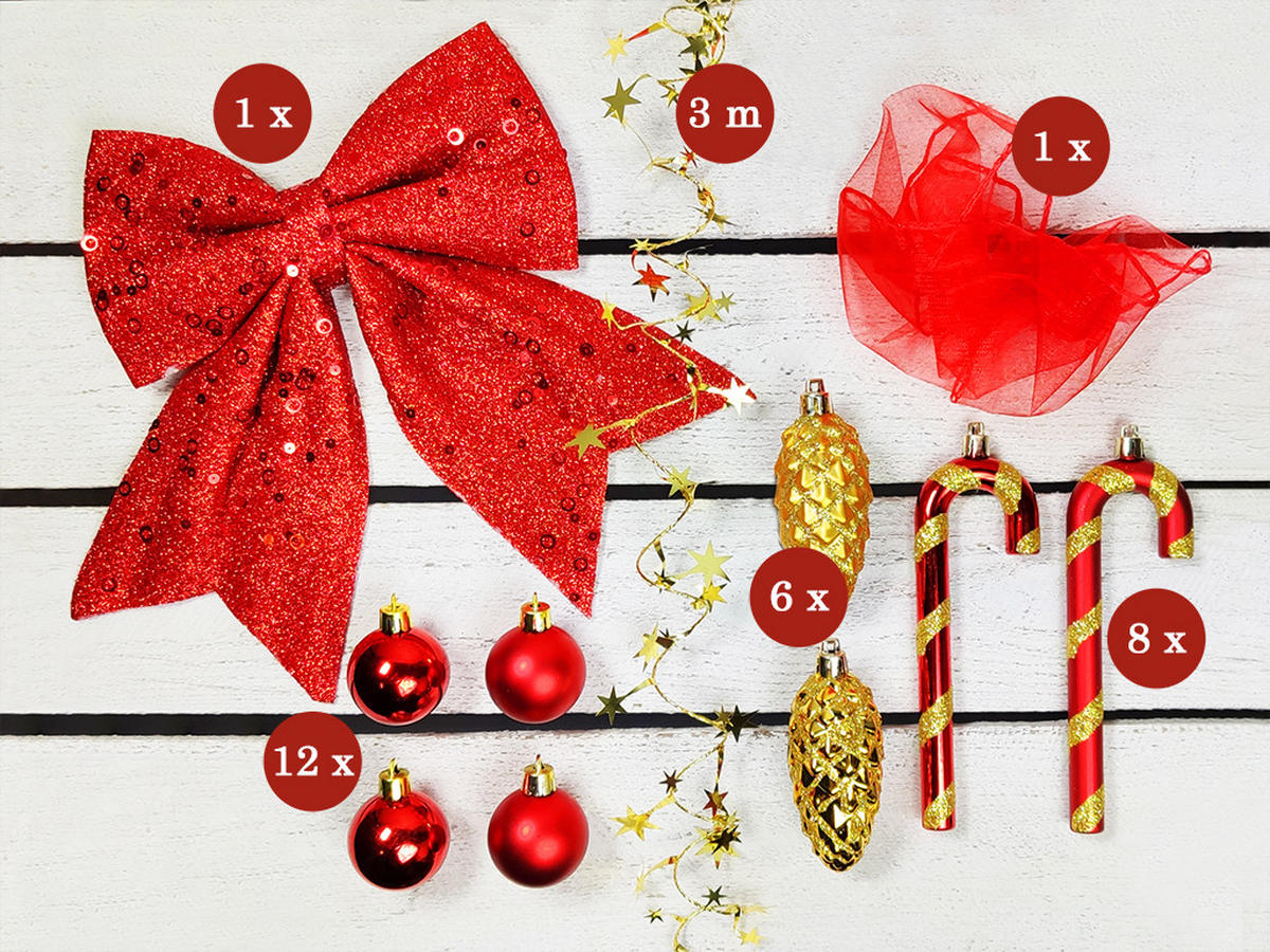 WEIHNACHTSBAUM künstlicher 60 cm mit LED-Beleuchtung, SANTA CLAUS, mit 29 Weihnachtsbaumschmuck, Pflanztopf mit Jutesack - Rot/Goldfarben, Kunststoff/Stein (40/60cm) - LAALU