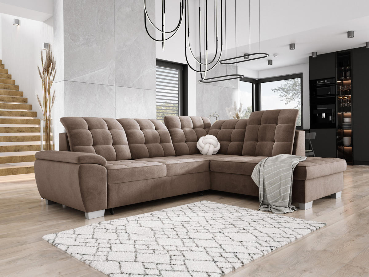 ECKSOFA LOTTA SALVADOR Bettkasten verstellbare Kopfstützen hochwertige Verarbeitung lose Rückenkissen freistehend RECHTS 258x212x106 cm Cappuccino - Cappuccino, Holz/Textil (258/212cm) - DomoHome