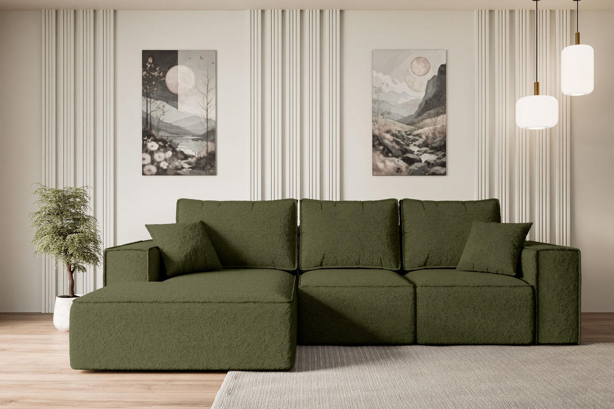 ECKSOFA mit Schlaffunktion und Bettkasten SERRA-L-S - 266x161x87 cm Grün Bouclé - Schwarz/Grün, Holzwerkstoff/Kunststoff (266/161cm) - ALTDECOR
