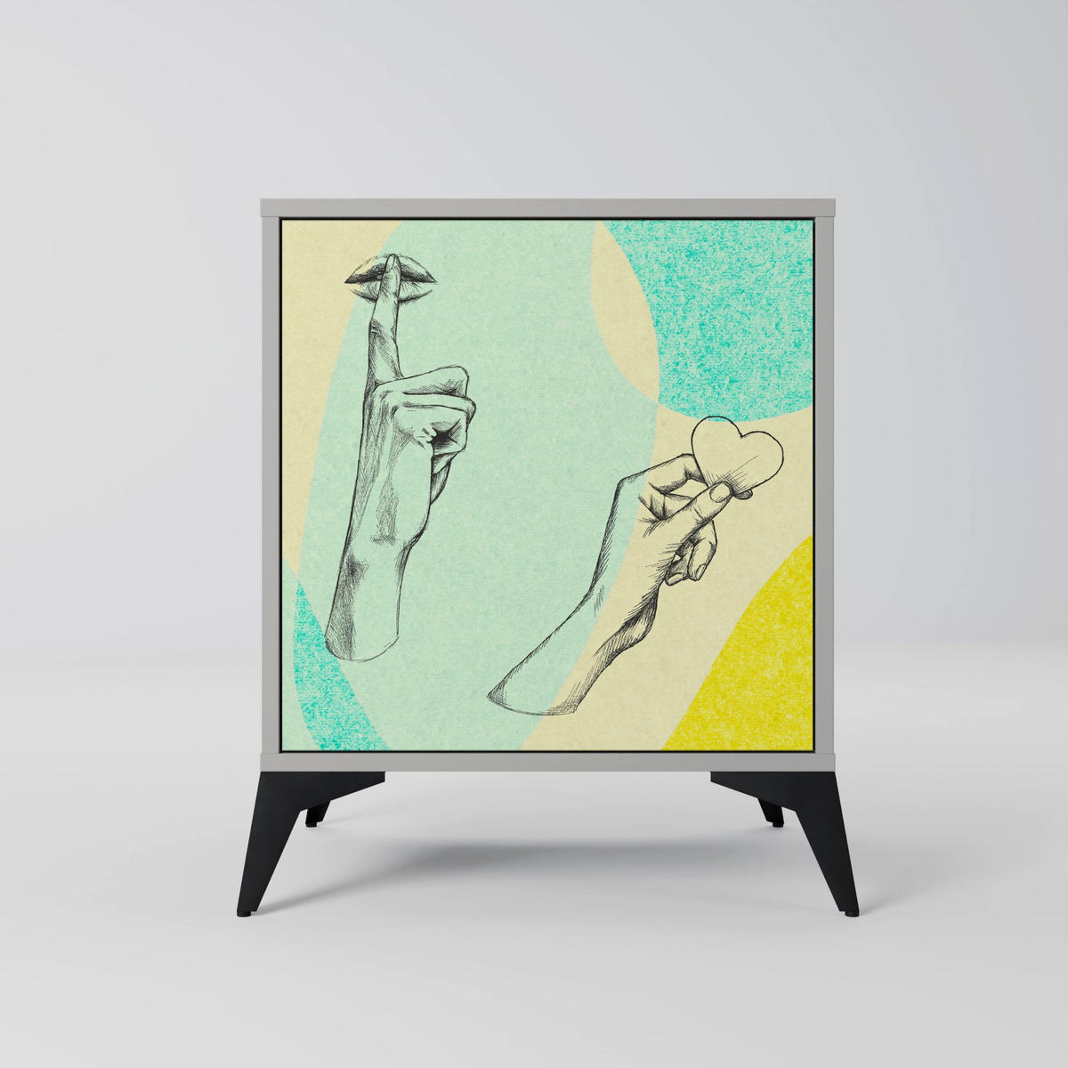 SIDEBOARD BODY LANGUAGE, Grau, 57,5x42x77,5 cm, Schräge Buchenholzfüße - Buchefarben/Multicolor, Holzwerkstoff/Buchenholz (57.5/77.5/42cm) - SpaceRebels