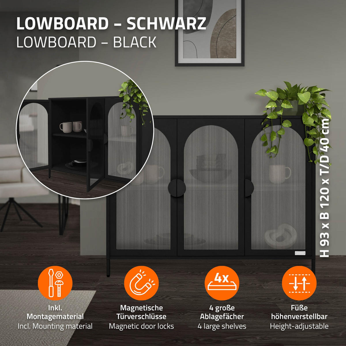 VITRINENSCHRANK aus Stahl 120x93x40 cm Schwarz mit 3 Türen - Schwarz, Metall (120/93/40cm) - ML-DESIGN