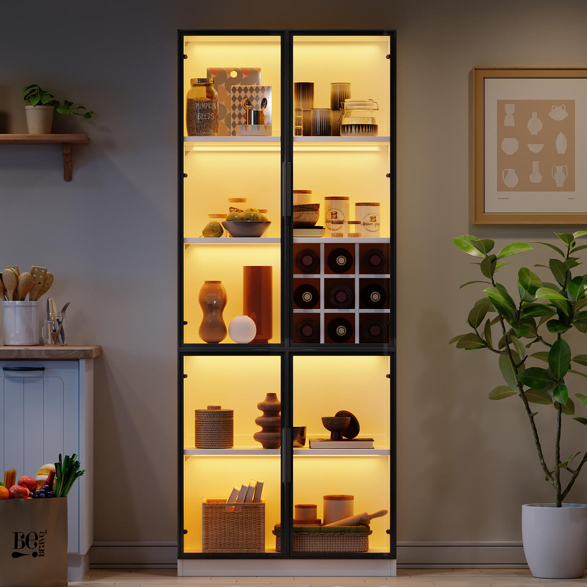 VITRINE LED Glasvitrine Glastüren Hochschrank Weinregal 200cm - Weiß, Holzwerkstoff (80/200/35cm) - FLIEKS