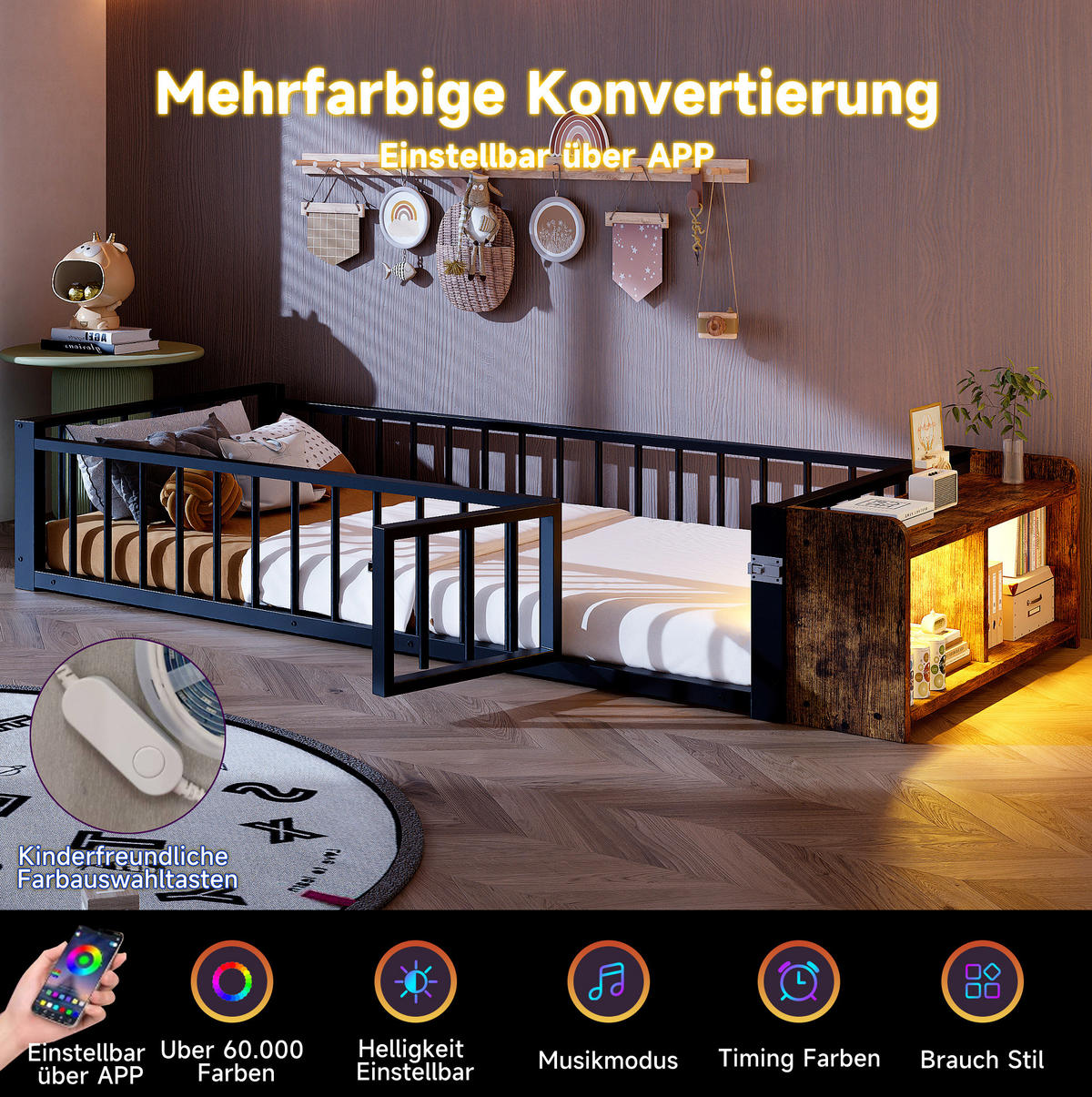 KINDERBETT 90/200 cm Schwarz aus Metall und MDF mit Schutzgeländer und Stauraum - Schwarz, Metall (90/200cm) - OKMYHOME