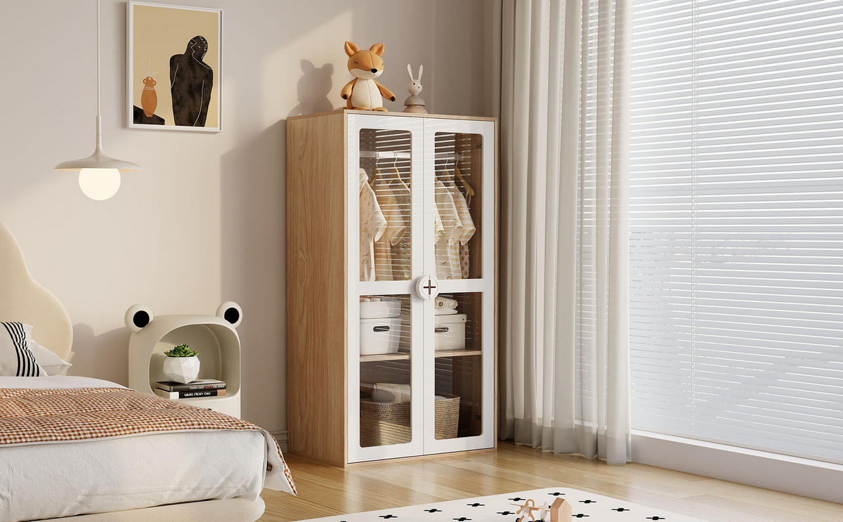 KINDER-KLEIDERSCHRANK 160x50x150cm Weiß + Natur 2-türig Acryl Bügelstange - Multicolor, Holz (50/150/160cm) - FLIEKS