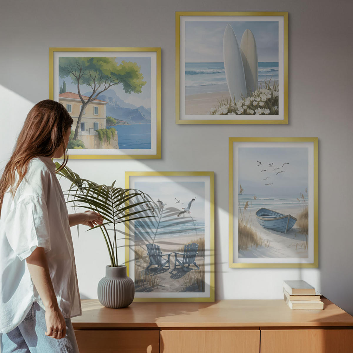 BILDER SET 4er Set - 50x50 cm & 40x60 cm Goldrahmen - Strandbretter, Surfboote, Vögel - Goldfarben, Kunststoff (50/50cm) - TULUP
