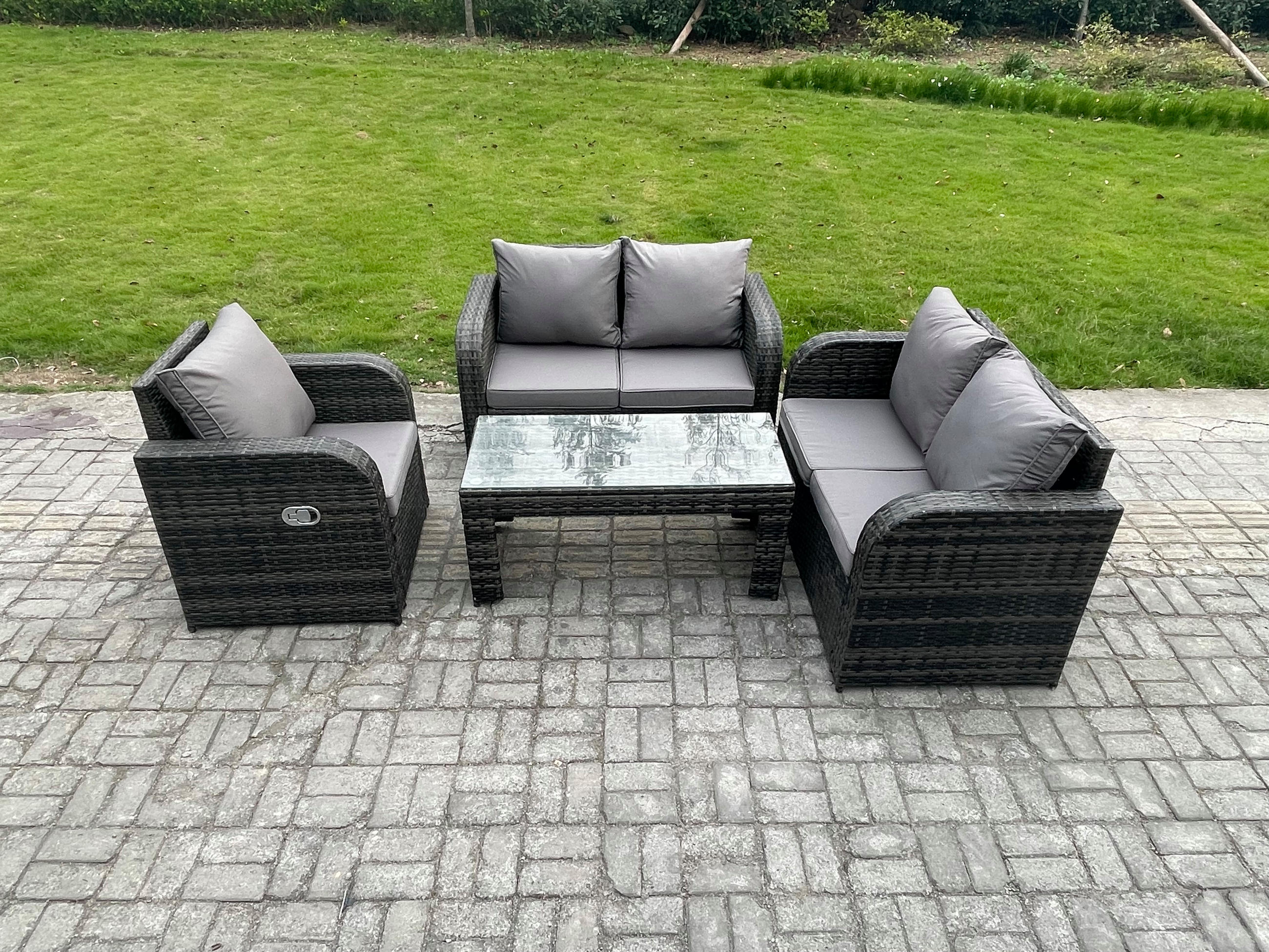 GARTENMÖBEL SET mit Sofa Polyrattan 5-Sitzer Dunkelgrau - Dunkelgrau/Grau, Glas/Kunststoff - Fimous