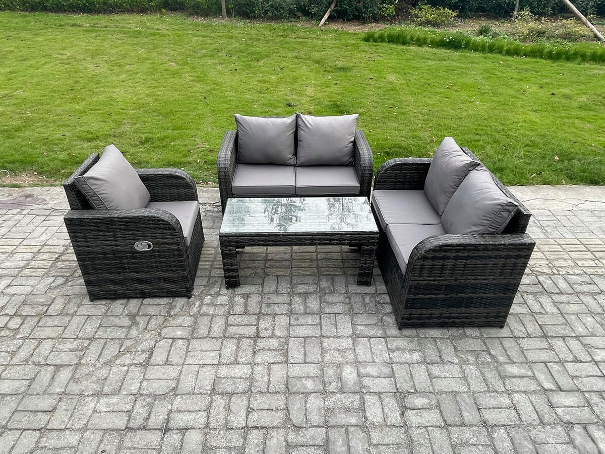 GARTENMÖBEL SET mit Sofa Polyrattan 5-Sitzer Dunkelgrau - Dunkelgrau/Grau, Glas/Kunststoff - Fimous