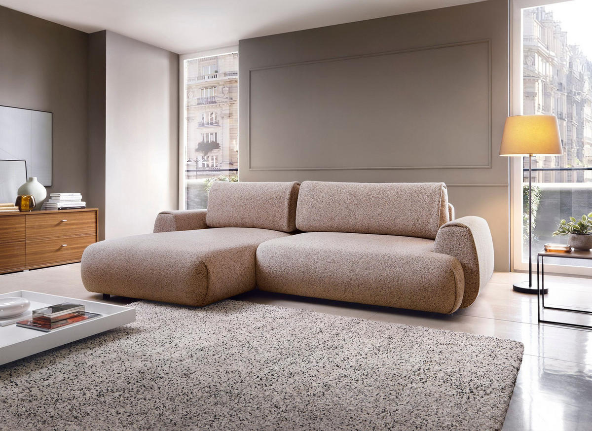 ECKSOFA ZEST Rosa Geflochtener Stoff mit Schlaffunktion - Rosa, Holz (270/167cm) - MASSENO