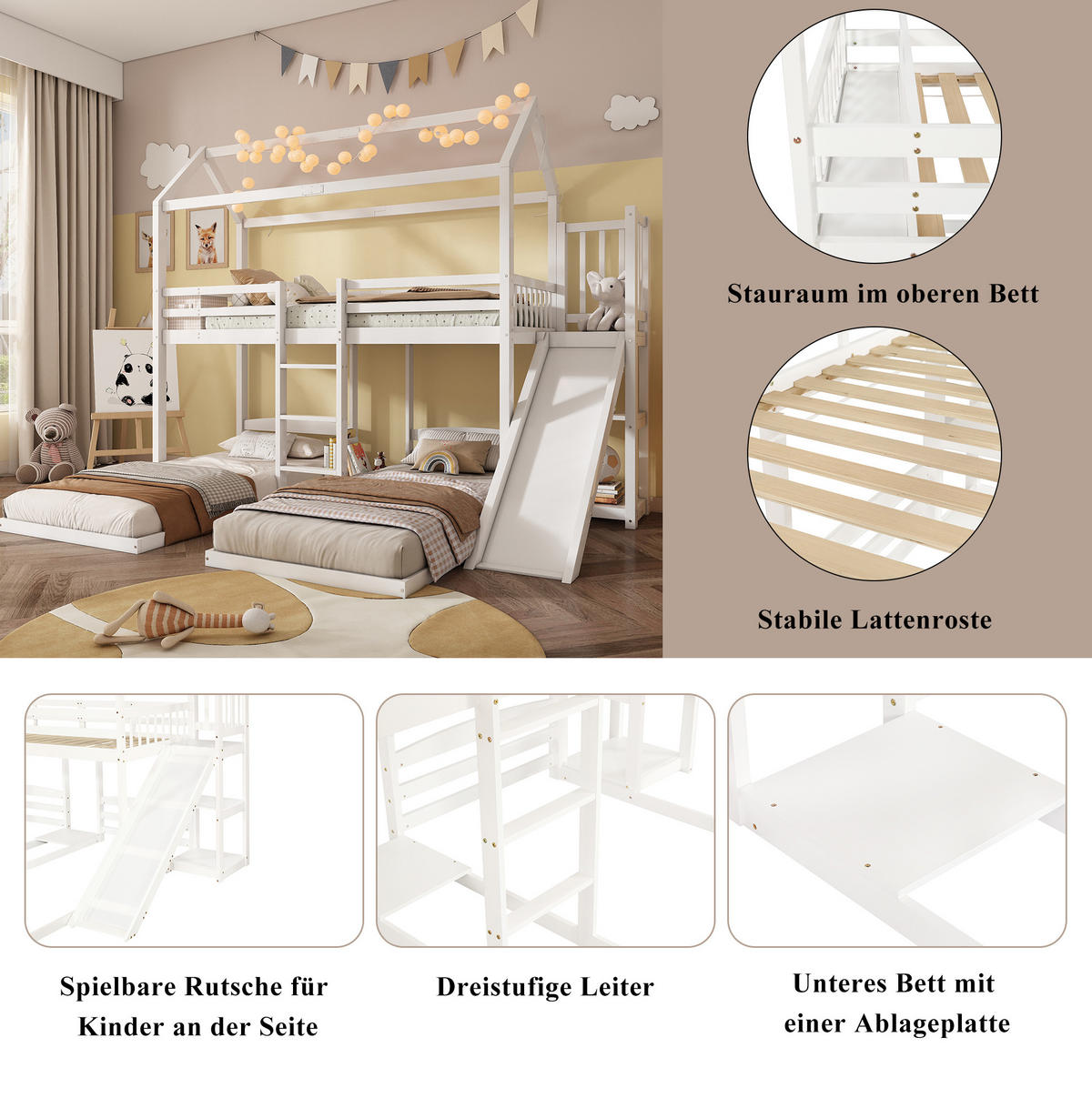 ETAGENBETT aus Kiefer und MDF 90x200 cm Weiß mit Rutsche, Leiter, Dachdesign und 3 Schlafplätzen - Weiß, Holzwerkstoff (90/200cm) - Modfu
