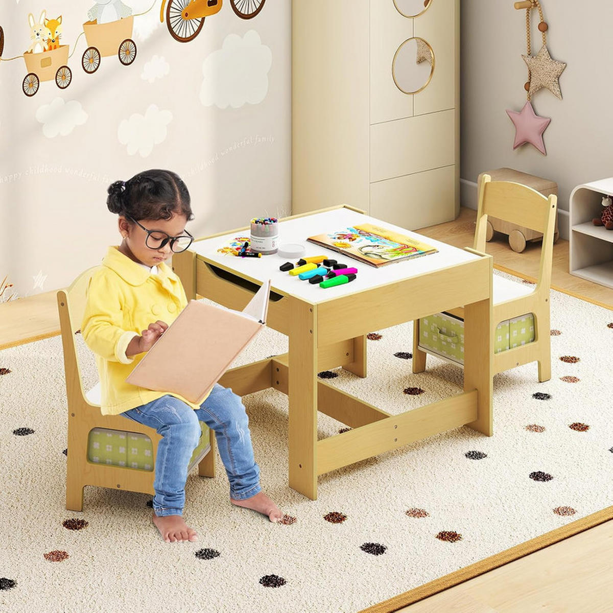 KINDERSITZ‑SET mit Stuhl grün(3-tlg) - Grün, Holzwerkstoff (62/48/62cm) - COSTWAY