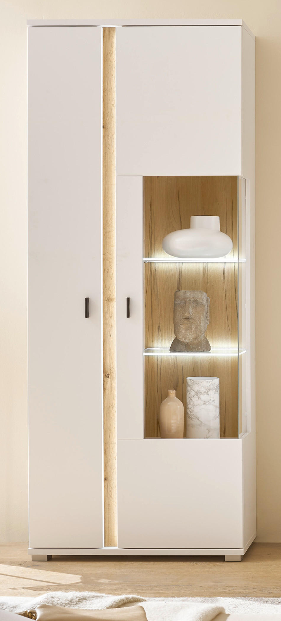 VITRINE weiß matt, Eiche Wotan 80 x 200 cm, Vitrinenschrank inklusive Frontbeleuchtung - Silberfarben/Eiche Wotan, Glas/Holzwerkstoff (80/200/35cm) - Furn.Design