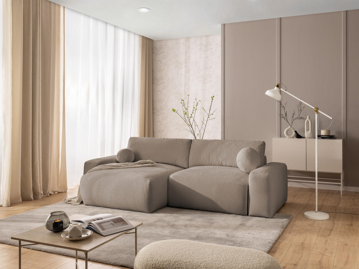 ECKSOFA Puffy mit Schlaffunktion und Bettkasten - besonders weich und puffig aus Greige Webstoff - Ottomane links - Greige/Schwarz, Holz/Kunststoff (138/266cm) - S-Style Möbel