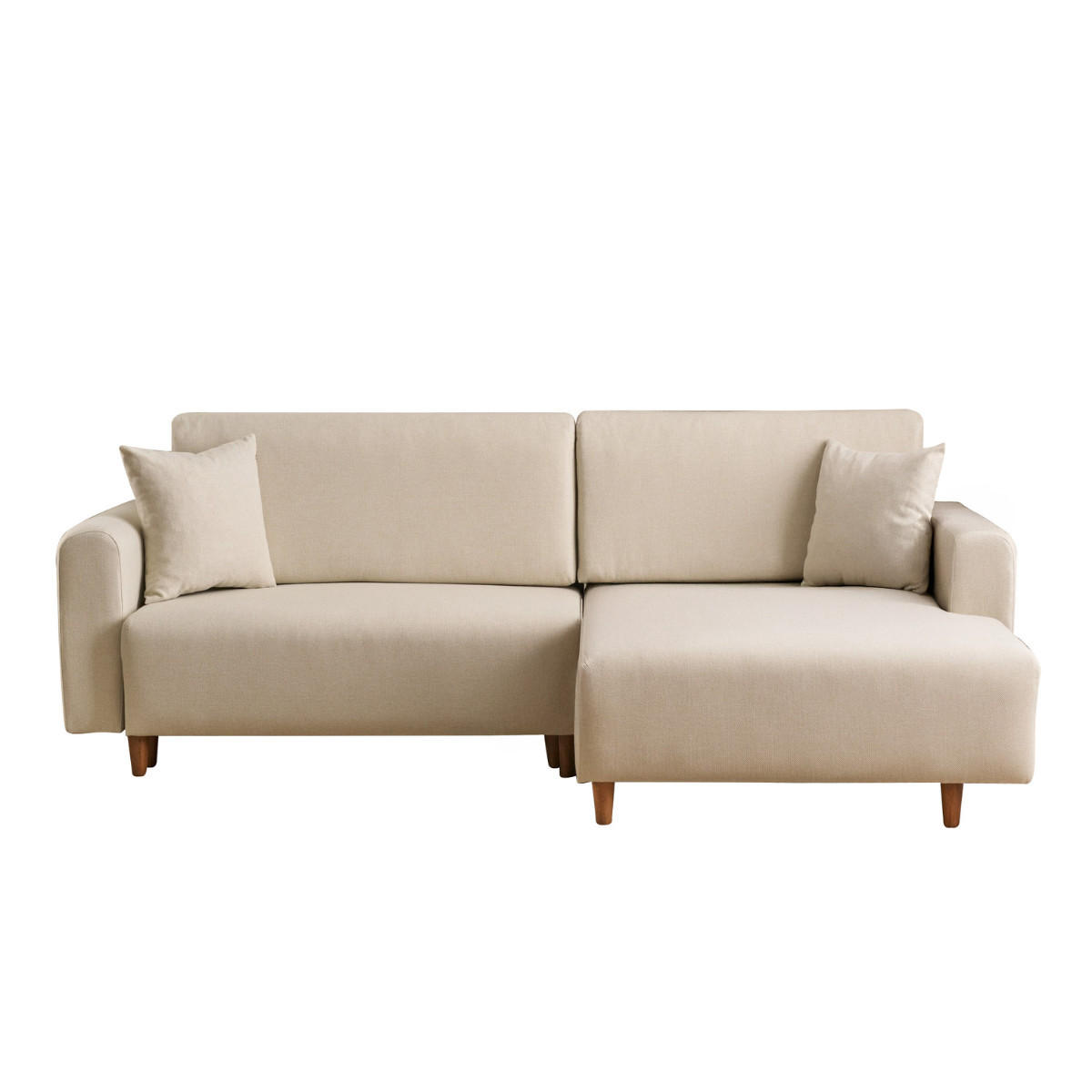 ECKSOFA mit Schlaffunktion und rechtsseitiger Récamiere aus Stoff - mane 246/160/85 cm - Creme, Holz (160/246cm) - Calicosy