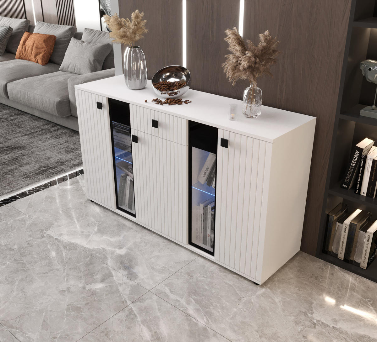 KOMMODE London LSMK LAMELE mit 3 Türen, Sideboard in Farbe: Weiß, Größe: 140 x 80 x 40 cm - Weiß, Holzwerkstoff (140/80/40cm) - O-Sofa