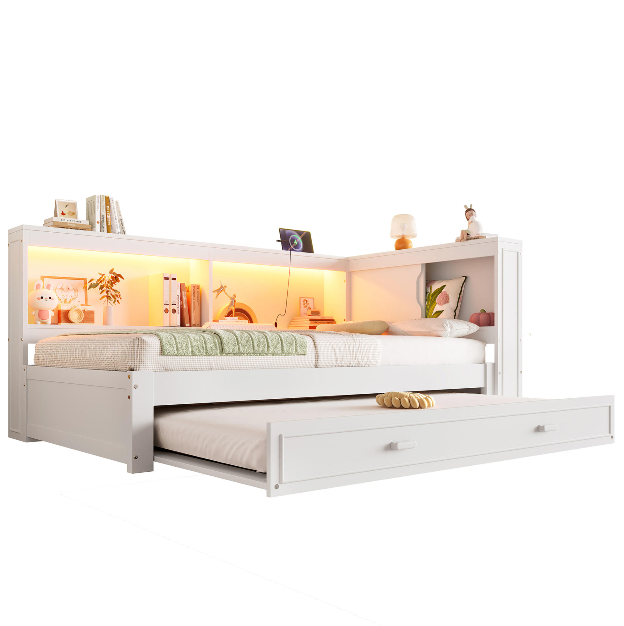 KINDERBETT 90/200 cm Weiß aus Kiefern mit Ausziehbett, LED-Beleuchtung, USB, Typ-C und Steckdose - Weiß, Holz (90/200cm) - OKMYHOME