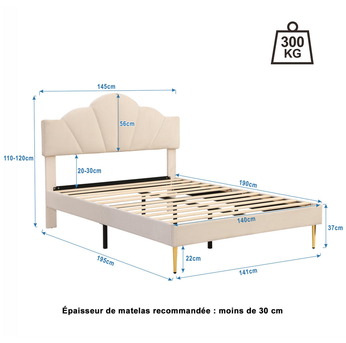 POLSTERBETT 140/190 cm beige aus Velours mit höhenverstellbarem Kopfteil - Beige, Textil (140/190cm) - OKWISH
