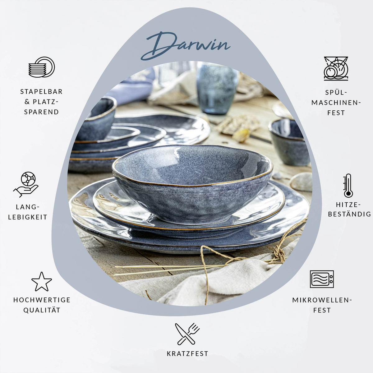TAFELSERVICE DARWIN - 12 teilig aus Steingut - Blau, Keramik (33.4/34.4/41.2cm) - Sänger