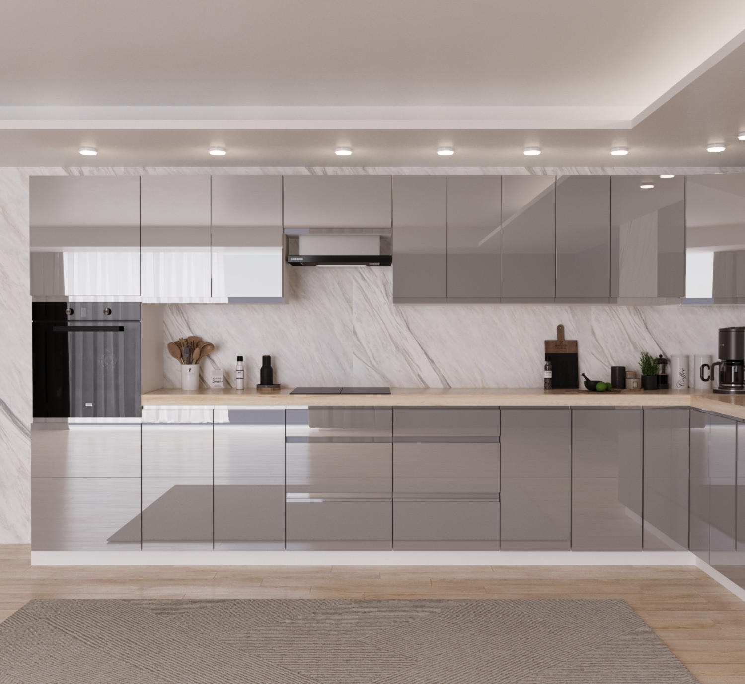 Thumbnail - Winkelküche, Grau, Holzwerkstoff, Nachbildung, L-Form,Formgebogen, 620x212x58 cm, Küchen, Eckküchen, Eckküchen ohne Gerä...