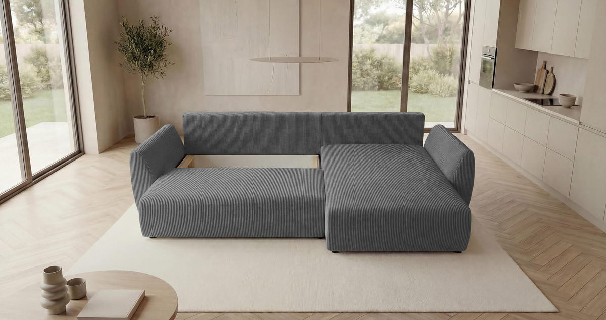 ECKSOFA SYDNEY rechts grau Cord Poso 55 - Schlaffunktion, Bettkasten - Grau, Textil (174/280cm) - Cornero