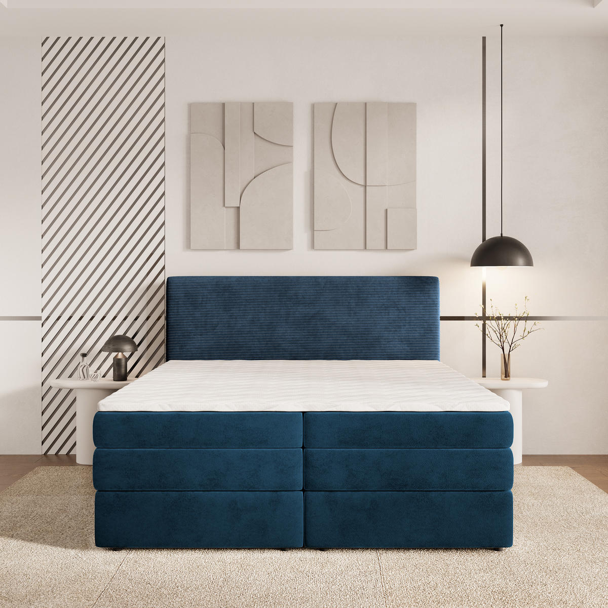 BOXSPRINGBETT MATERN 180x200 cm mit Matratze und Topper - Blau - Blau, Holz (180/200cm) - MASSENO