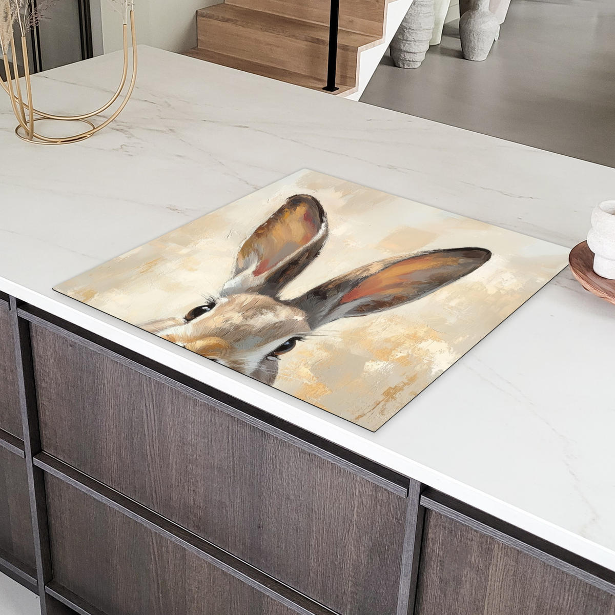 HERDABDECKPLATTE Hase - Ohren - Braun Induktionsmatte 78x78 cm - Beige, Kunststoff (78/78/0.2cm) - MuchoWow