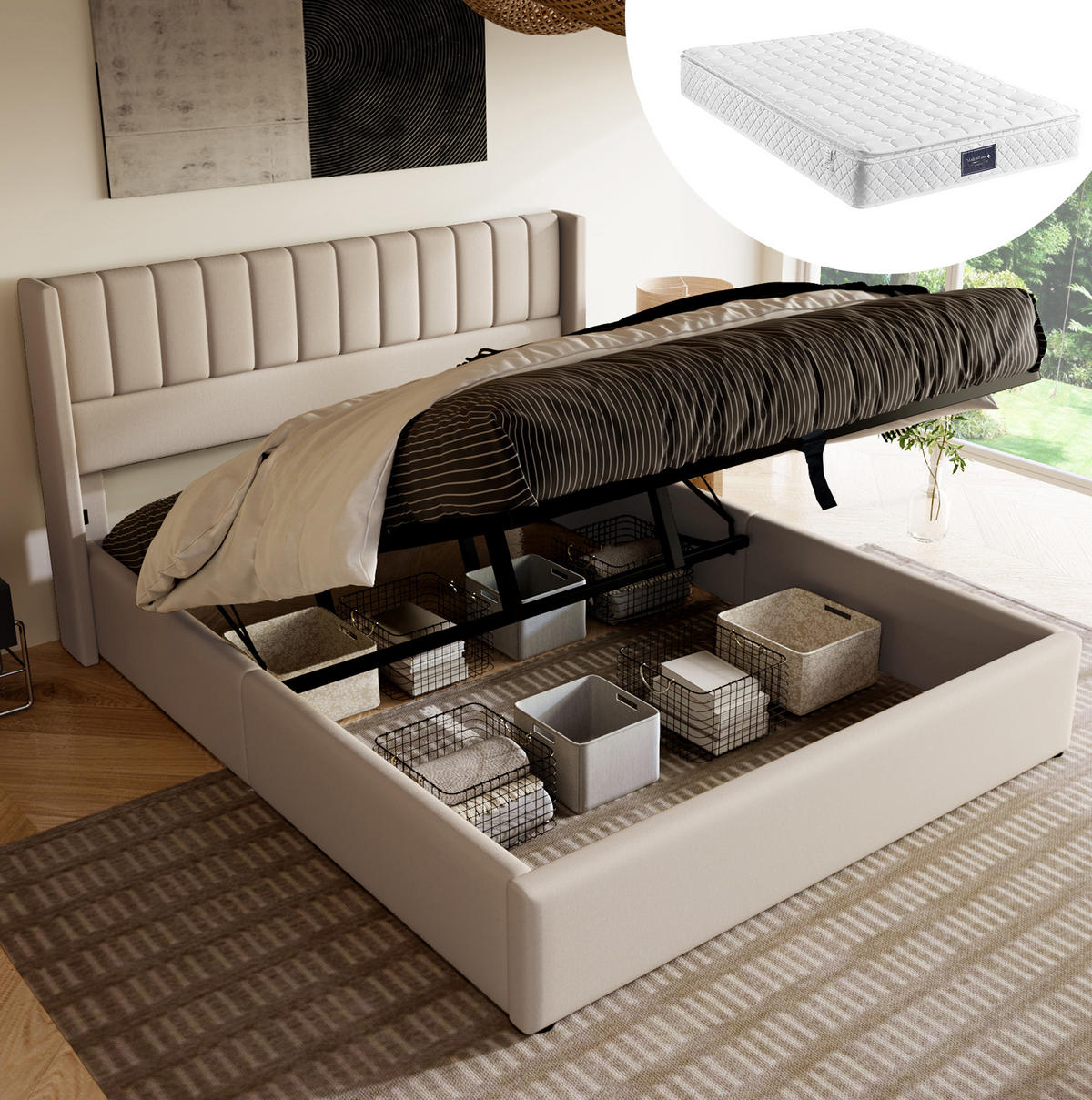 POLSTERBETT 140/200 cm Beige mit Stauraum und Matratze - Beige, Textil (140/200cm) - Flora Grace