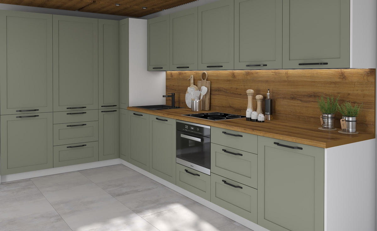 KÜCHENLEERBLOCK Oslo weiß matt / reed green matt 212cm / 392cm / 207cm 13-teilig mit Vollauszug (HETTICH InnoTech Atira) - Weiß/Grün, Holzwerkstoff/Metall (212/207/392cm) - Feldmann-Wohnen