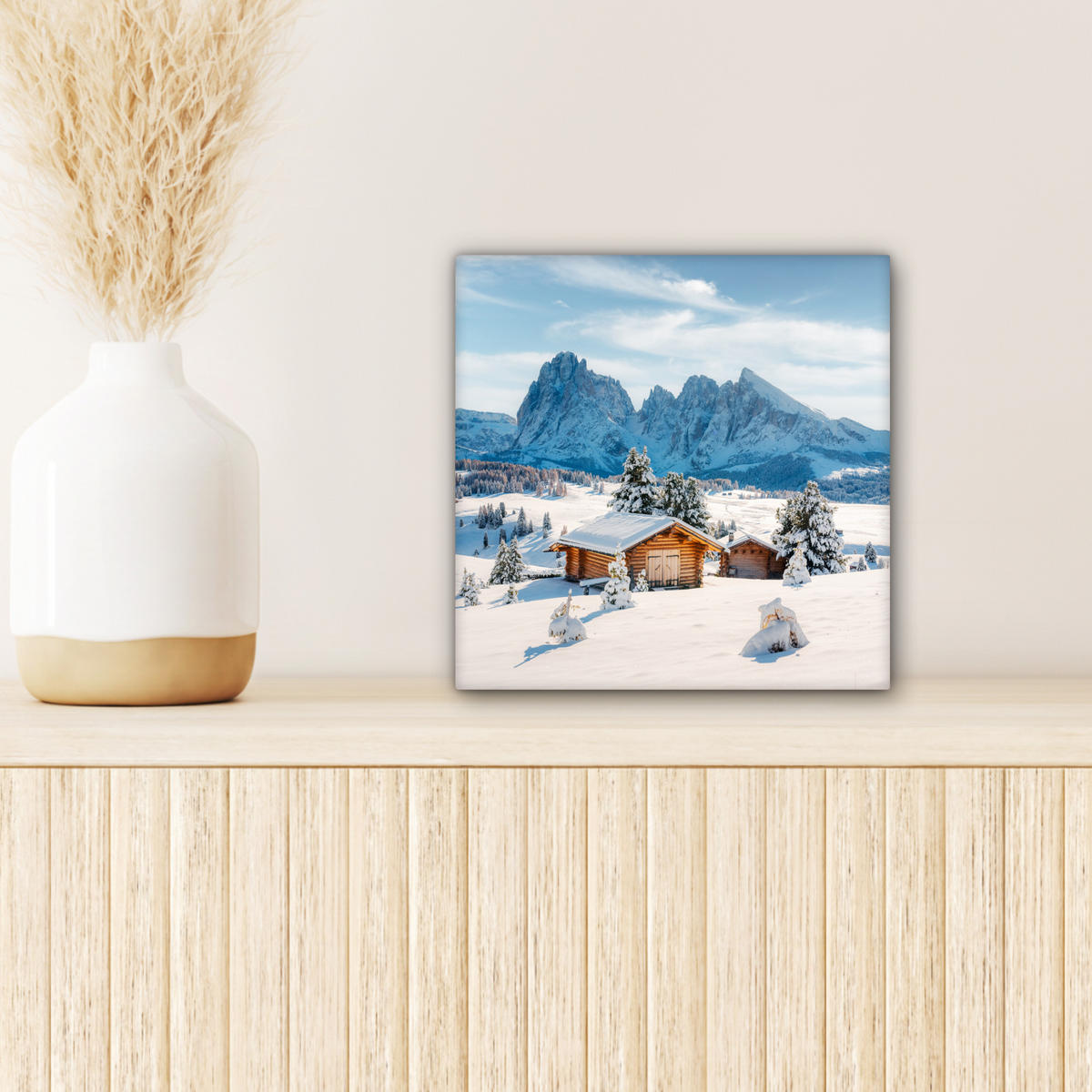 LEINWANDBILD Winter - Hütte - Berge - Aussicht - Schnee 20x20 cm - Eichefarben, Textil (20/20cm) - MuchoWow