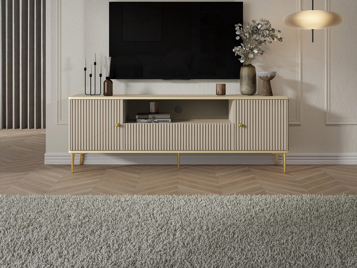 TV-MÖBEL - 2 Türen, 1 Schublade und 1 Ablagefach - MDF & Stahl - Beige und Goldfarben - SINEAD - Beige, Holz (160/55.2/35cm) - Vente-Unique