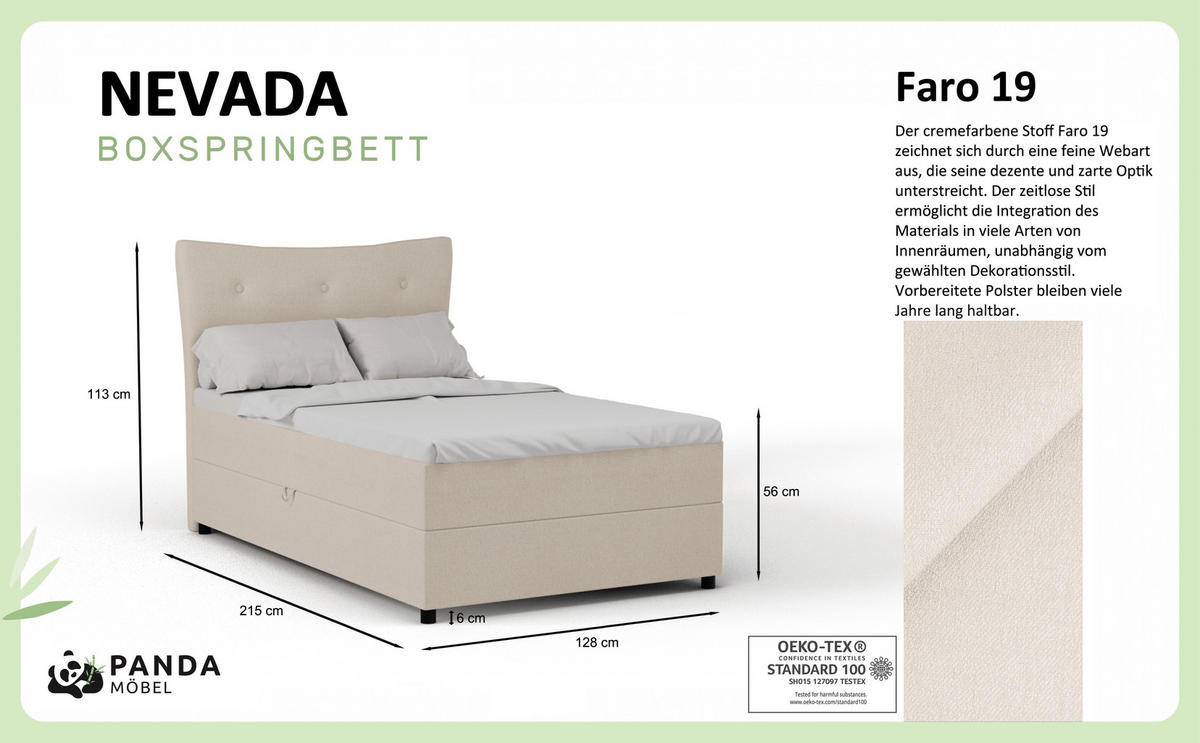 BOXBETT Nevada 120x200 cm Polsterbett mit hochwertiger Bonell-Matratze und Topper - beige - Beige, Holz (120/200cm) - Panda Möbel